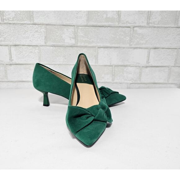 Alex Marie Deep Emerald Iris Suede Bow Pointed Toe Kitten Heel Sandals Size 6 - Picture 1 of 11